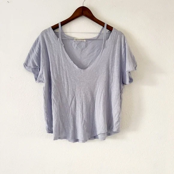 Free People Oversized Over U Tee NEW Medium Blue Moon Linen Blend Grunge Cropped - Picture 2 of 12